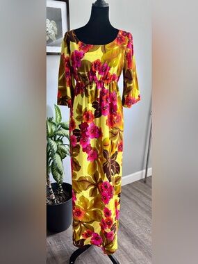 Vintage Bright Yellow Floral Hawaiian Maxi Dress with Pink Accents